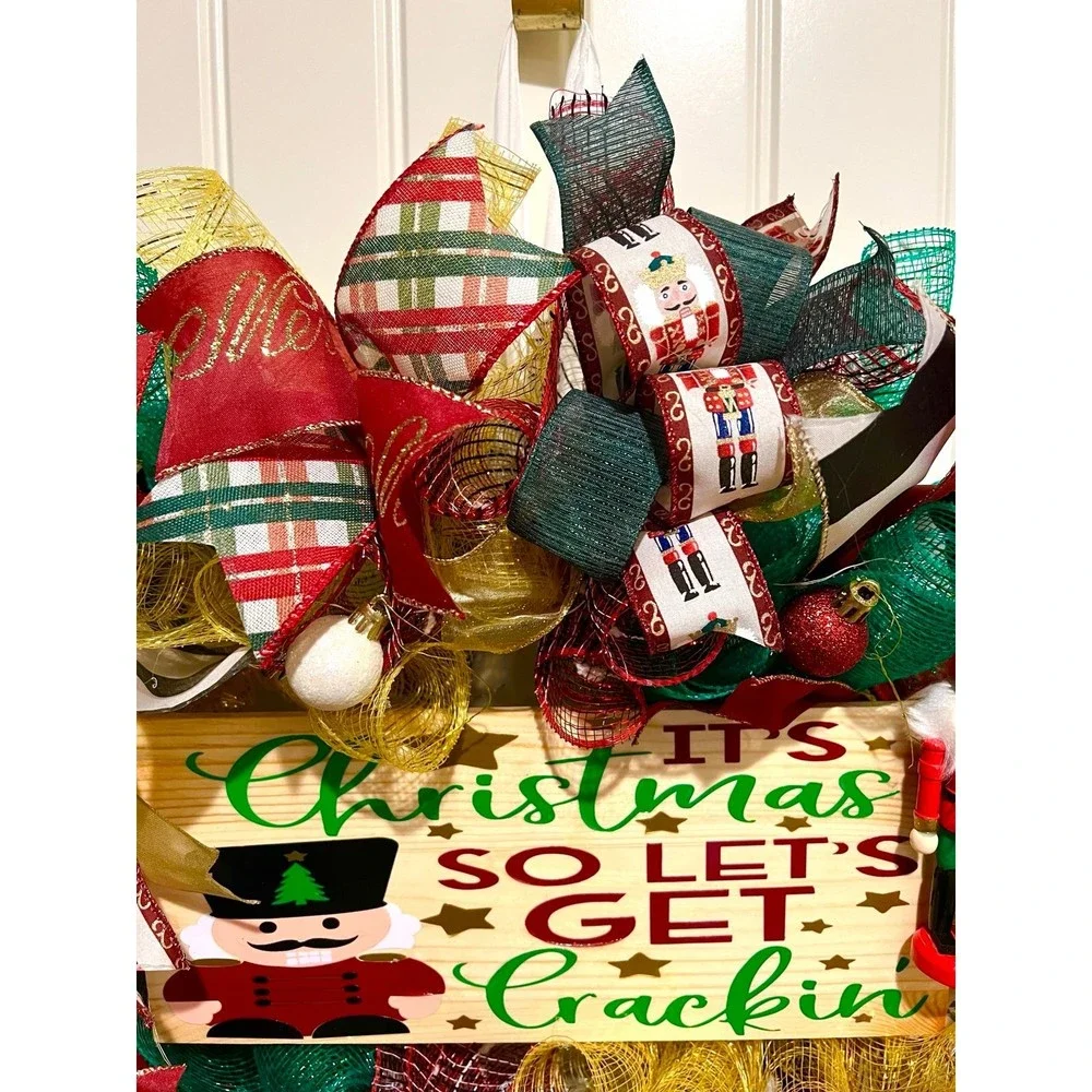 Christmas Nutcracker Holiday Ribbon Door Wreath Handmade 22 ins LED W4